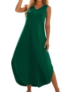 Zilcremo Women Summer Sleeveless Dress Casual V Neck Loose Split Tshirt Long Dresses